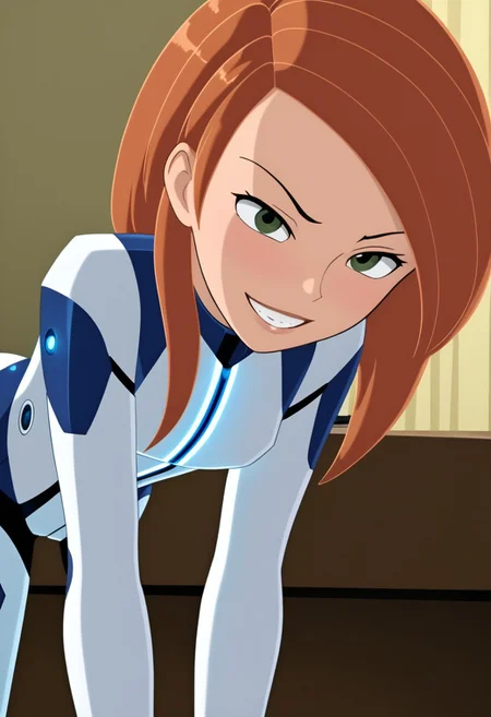 kim, small breasts,
Battlesuit,
solo, short, athletic, blushing, expressiveh, close up view down shirt, bent over, chest focus view, bedroom,
bedroom, on bed, naughty look, grin