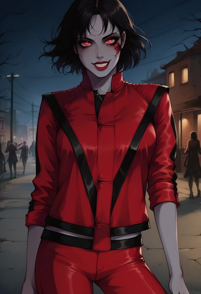 score_9, score_8_up, score_7_up, detailed face, leather jacket, red jacket, red pants, 1girl, solo, thr1llerz, street, night, zombie, cowboy shot, grey skin, black hair, short hair, sinozick style, flat color, dark theme, rolled sleeves, dancing, looking at viewer, smile,