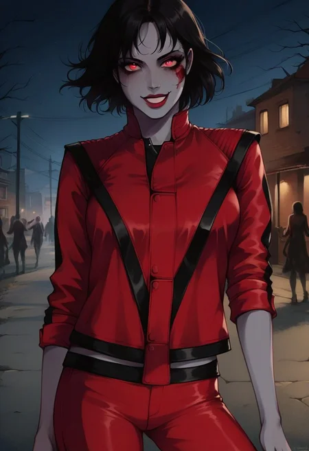 score_9, score_8_up, score_7_up, detailed face, leather jacket, red jacket, red pants, 1girl, solo, thr1llerz, street, night, zombie, cowboy shot, grey skin, black hair, short hair, sinozick style, flat color, dark theme, rolled sleeves, dancing, looking at viewer, smile,