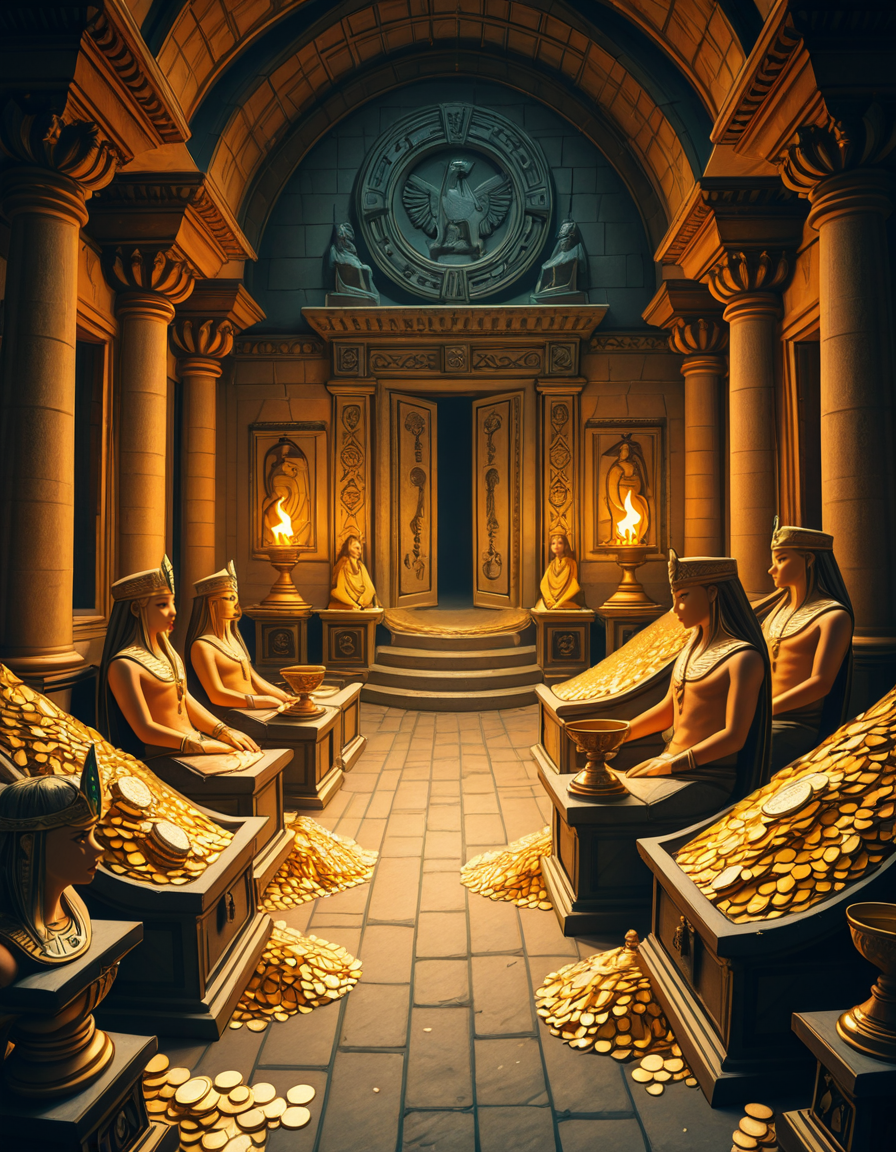 A hidden treasure chamber deep within an ancient temple, illuminated by the warm golden glow of torches and mystical blue light from enchanted crystals. The room is filled with piles of gold coins, jewel-encrusted goblets, and ancient artifacts covered in dust. Massive stone statues of forgotten deities guard the chamber, their eyes glowing faintly as if watching intruders. In the center, a grand pedestal holds a legendary artifactâan ornate golden crown encrusted with emeralds and sapphires, shimmering with an otherworldly aura. The walls are adorned with intricate carvings depicting lost civilizations, and creeping vines hint at centuries of abandonment. The atmosphere is mystical and slightly eerie, with a sense of both wonder and danger. The air is thick with the scent of aged parchment and burning incense, adding to the chamberâs ancient and mysterious feel. Cinematic lighting with dramatic shadows enhances the depth and richness of the scene, creating a visually stunning and immersive environment.
<lora:SDXLFaeTastic2400:0.4> <lora:extremely_detailed:0.4> extremely detailed,treasure ch4mb3r, <lora:treasure_ch4mb3r-i:1>, Masterpiece,best quality,hi res,8k,hi res,8k,award winning,(sharp focus, intricate, highly detailed),