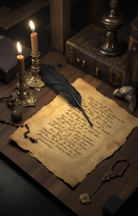 CGI rendering of a dark, mystical scene. At the center is an aged, yellowed piece of parchment with handwritten text in an old, faded ink. Resting atop the parchment is a long, black feather quill, its tip pointing towards the text. The quill has intricate details, with fine lines and a metallic sheen, suggesting a sense of luxury and importance.To the left of the parchment, there is an ornate, antique candlestick with a lit candle, casting a warm, golden light that illuminates the scene. The candlestick is made of bronze or a similar metal, with intricate designs and a textured surface. Adjacent to the candlestick is a small, closed book with a dark, leather-like cover, and a delicate, beaded necklace draped over it.,
In the background, there is a wooden table with a rustic texture, which adds to the aged, historical ambiance. A few other items, such as a small, spherical bead necklace and a small, round, possibly magical symbol, are scattered around the table, enhancing the mysterious and magical atmosphere of the scene. The overall color palette is dominated by dark browns, golds, and blacks, with highlights of warm candlelight., <lora:aidmaImageUpraderv0.3:0.4>, aidmaimageupgrader, <lora:diffusion_pytorch_model:1>, <lora:aidmaMJ6.1_v0.5_3:0.7>, aidmaMJ6.1, ultra quality, ultra detailed, intricate details