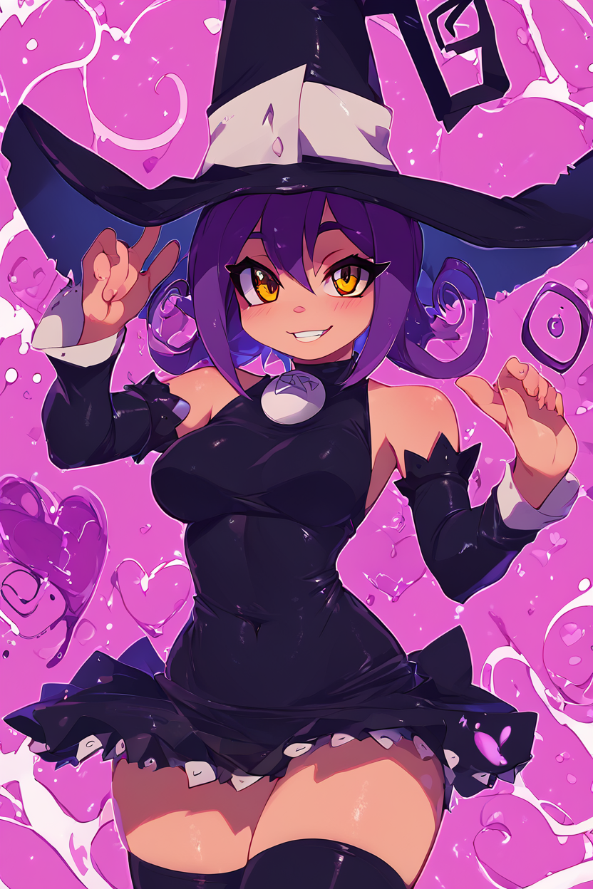 score_9, score_8_up, score_8, medium breasts, (curvy), cute, eyelashes,       BREAK, , zzBlair, 1girl, solo, yellow eyes, purple hair, witch hat, witch, detached sleeves, black short dress, thighhighs,  <lora:Blair_SoulEater_PDXL_v1:1.0>, , BREAK, smile, looking at viewer, cowboy shot, ,,, embedding:zPDXL, Expressiveh, ,,, <lora:Zankuro_Style_PDXL:0.8> <lora:SDXLFaeTastic2400:0.5>, <lora:Expressive_H-000001:0.4>,