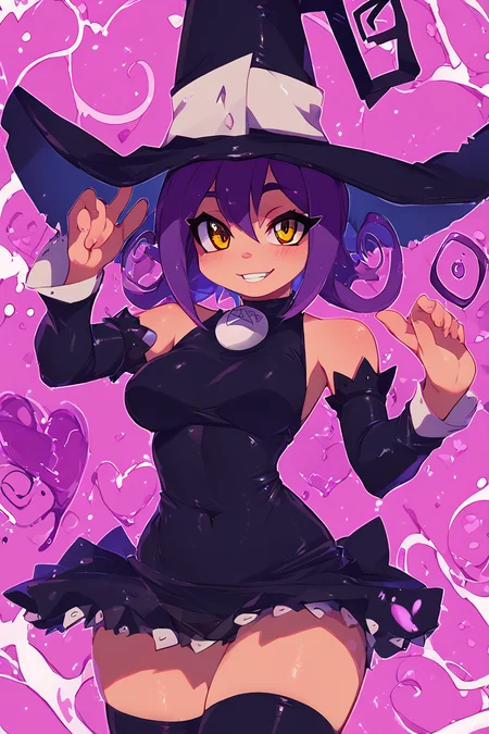 score_9, score_8_up, score_8, medium breasts, (curvy), cute, eyelashes, BREAK, , zzBlair, 1girl, solo, yellow eyes, purple hair, witch hat, witch, detached sleeves, black short dress, thighhighs, <lora:Blair_SoulEater_PDXL_v1:1.0>, , BREAK, smile, looking at viewer, cowboy shot, ,,, embedding:zPDXL, Expressiveh, ,,, <lora:Zankuro_Style_PDXL:0.8> <lora:SDXLFaeTastic2400:0.5>, <lora:Expressive_H-000001:0.4>,