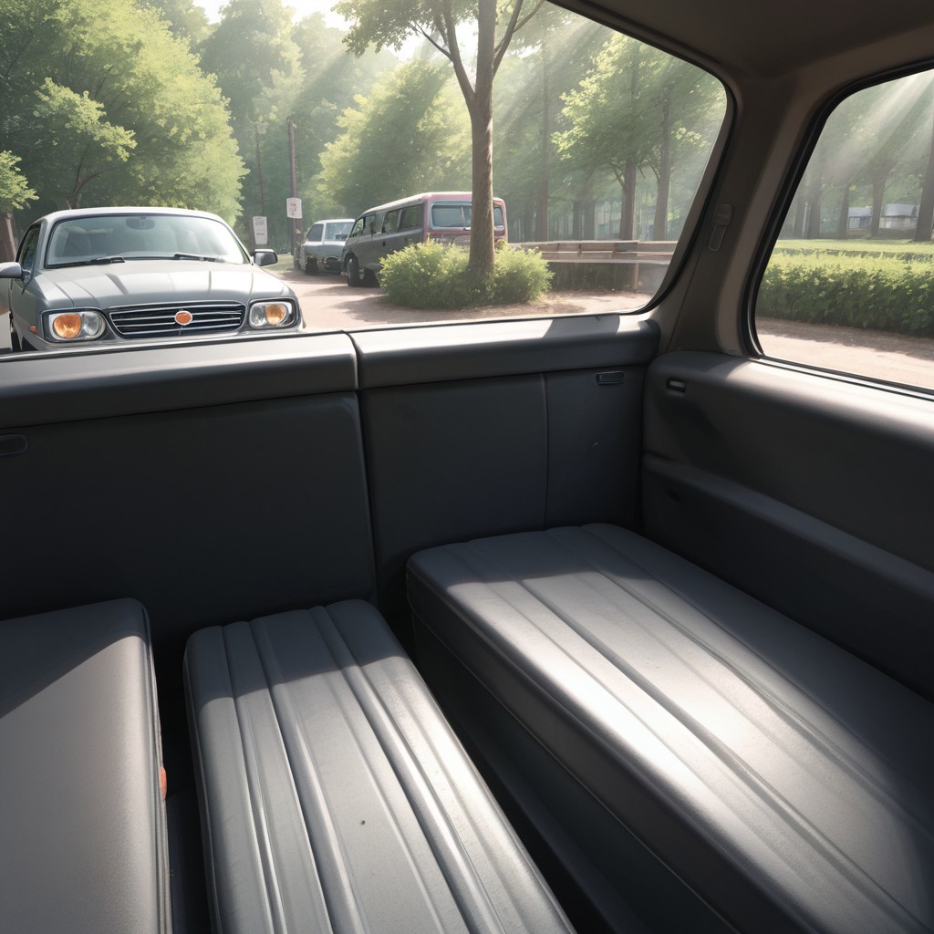 car, seat, no humans, sunlight, outdoors, tree, ground vehicle, motor vehicle