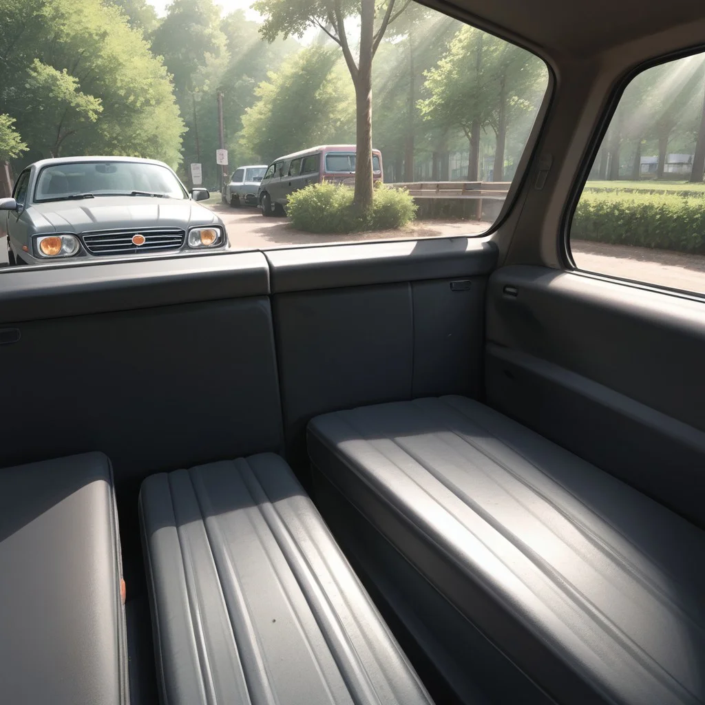 car, seat, no humans, sunlight, outdoors, tree, ground vehicle, motor vehicle