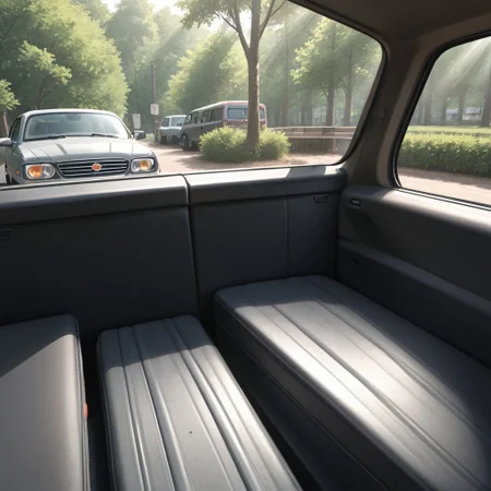 car, seat, no humans, sunlight, outdoors, tree, ground vehicle, motor vehicle