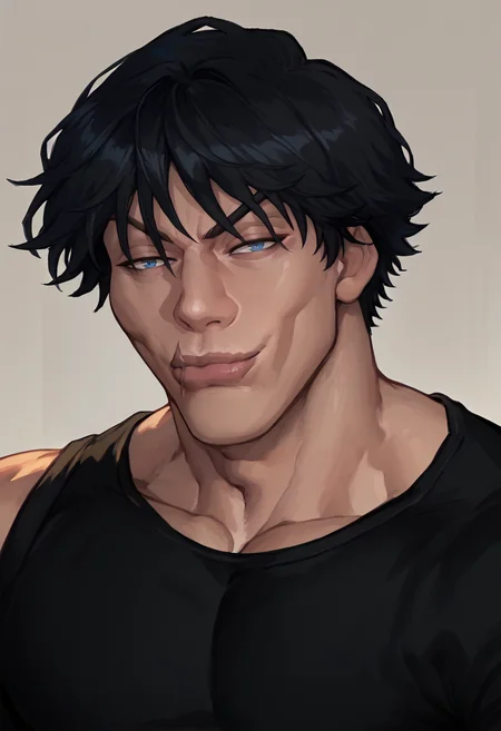 score_9, score_8_up, score_7_up, upper body, solo, male focus, 1boy, jjkt0ji, scar on face, scar on mouth, muscular male, SkylerWhiteYo, closed mouth, smile, lips, black hair, blue eyes, black shirt <lora:jjk_tojifushiguro_ponyXL:1> <lora:KzyGuyMeme:1>