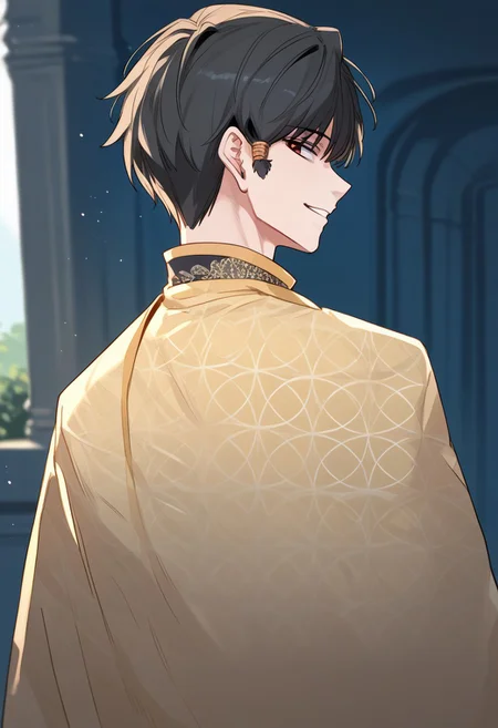 zPDXL3, score_9_up, score_8_up, score_7_up, (Anime_source), 1boy, PadriusEncilion, dark eyes, dark grey hair, short hair, Padrius clothes upper body, looking at viewer, looking back, smile, parted lips