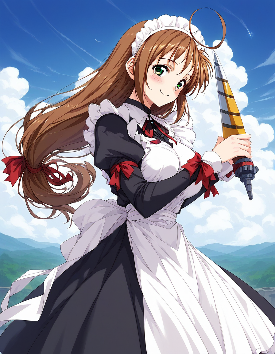 score_9, score_8_up, score_7_up, source_anime, rating_explicit, BREAK  <lora:Spiral_Nami_Ver2.0_XL:1> Spiral_Nami_drill, weapon, drill,  brown hair, green eyes, maid headdress, ahoge, low-tied long hair, maid, large breasts,
smile, apron, sky, cloud, day, outdoors, blush, looking at viewer, holding, ribbon, long sleeves, red ribbon, bow
outdoor, sky,