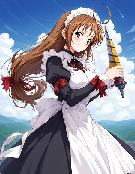 score_9, score_8_up, score_7_up, source_anime, rating_explicit, BREAK <lora:Spiral_Nami_Ver2.0_XL:1> Spiral_Nami_drill, weapon, drill, brown hair, green eyes, maid headdress, ahoge, low-tied long hair, maid, large breasts,
smile, apron, sky, cloud, day, outdoors, blush, looking at viewer, holding, ribbon, long sleeves, red ribbon, bow
outdoor, sky,