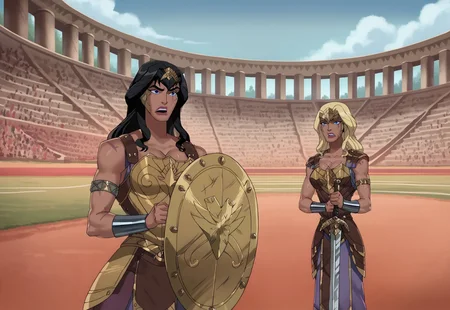 safe_pos, safe_pos, score_9, score_8_up, score_7_up, source_cartoon, hippolyta, <lora:Hippolyta_2009:1>, Antiope, <lora:Antiope_Something_Unlimited:1>, hair, long hair, blue eyes, black hair, blonde hair, 2girls, makeup, lipstick, scar, face scar, eye scar, armor, bracers, armlet, headpiece, circlet, helmet, sword, shield, fighting, outdoors, coliseum, arena, cleavage