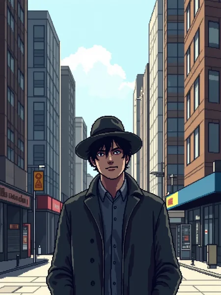 A pixel art illustration close-up of a man standing in a busy city sidewalk. The buildings tower over him as he looks down at the viewer. He has dark hair, a sport coat, and is wearing a hat.<lora:General Flux\pixel-art-rooms.safetensors:0.9:1.0>