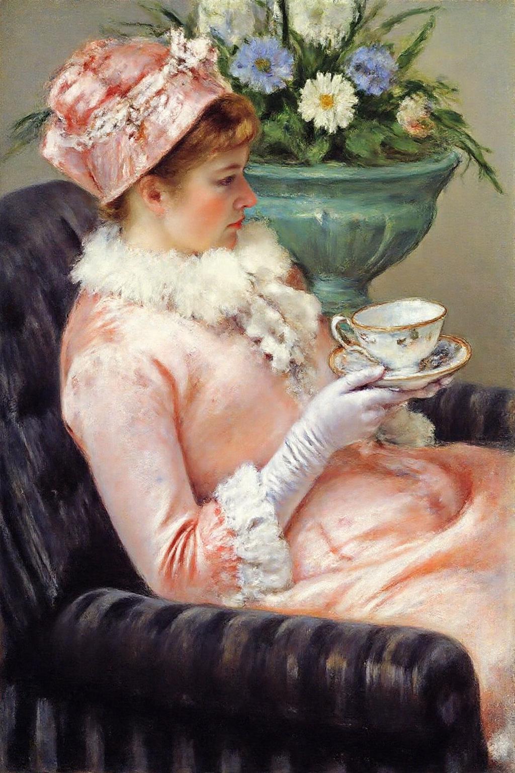 marycassatt1 painting.
Profile of a woman holding a teacup. She is dressed in a light pink, flowing gown with intricate white fur trim around the neck and sleeves, sitting in a dark, upholstered armchair.
 <lora:marycassatt1_cap_d6a3e17:1.0><lora:833903248382431037:0>