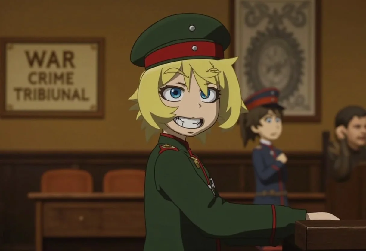 score_9,rating_safe,(claymation),claymation animation of a smiling and innocent looking TanyaDegurechaff with blonde hair and blue eyes and a tunic and military hat being tried for war crimes in a court,big sign with the words "War Crime Tribunal" on the wall