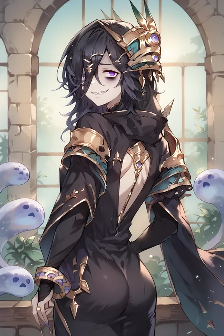 score_9, score_8_up, score_7_up, score_6_up, score_5_up, source anime, solo, 1girl, (lich \(granblue_fantasy\)), (black dress), bags under eyes, ass, from behind, hair over one eye, purple eye, (hands in pockets), cowboy shot, sharp teeth, smile, looking at viewer, realistic background, lounge, indoors, thin arms, narrow shoulders, petite, long hair, black hair , long hair, hair ornament, <lora:655-10:0.9> <lora:Smooth Anime 2 Style SDXL_LoRA_PonyXL Diffusion V6 XL:0.8> <lora:OldAnimeStyle_PonyXL_v3:0.5>