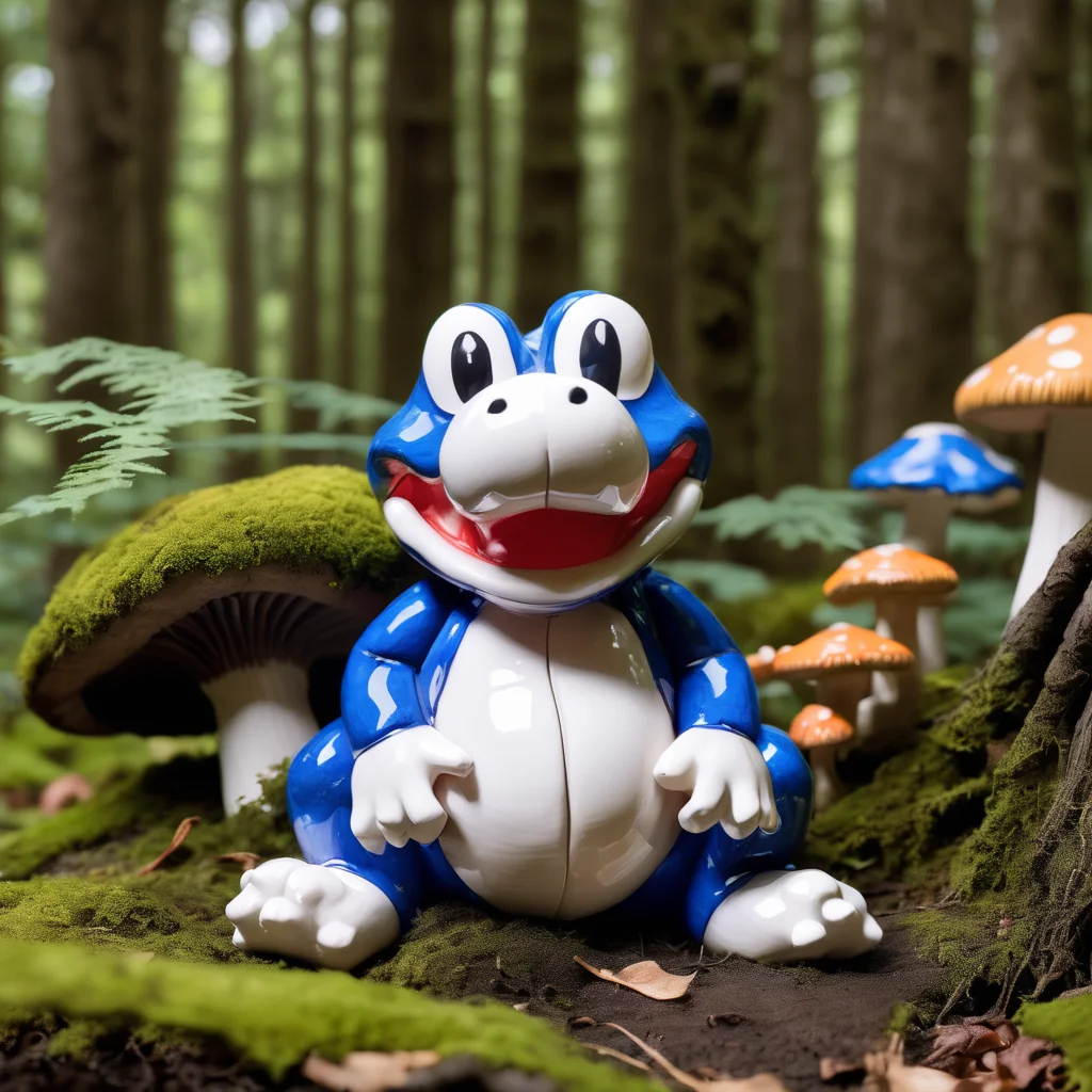 A handmade, lifelike ceramic Yoshi model sitting in a clearing amongst trees and mushrooms