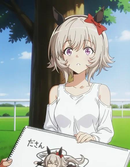 1girl, 
<lora:shinjidai_V3:1>
(anime screenshot,anime screencap,:1.2)
1girl, sitting under a tree, drawing in a sketchbook, solo, peaceful, outdoor, early morning,safe,general,
(depth of field, bokeh, solo focus, :0.9)
<lora:dmd2_sdxl_4step_lora_fp16:1> 
curren chan \(umamusume\),umamusume, horse girl, horse ears, horse tail, ear bow, ear covers, purple eyes, hair between eyes, grey hair, short hair, medium breasts, red bow, long sleeves, bare shoulders,,, masterpiece, best quality, very aesthetic, absurdres, newest ,