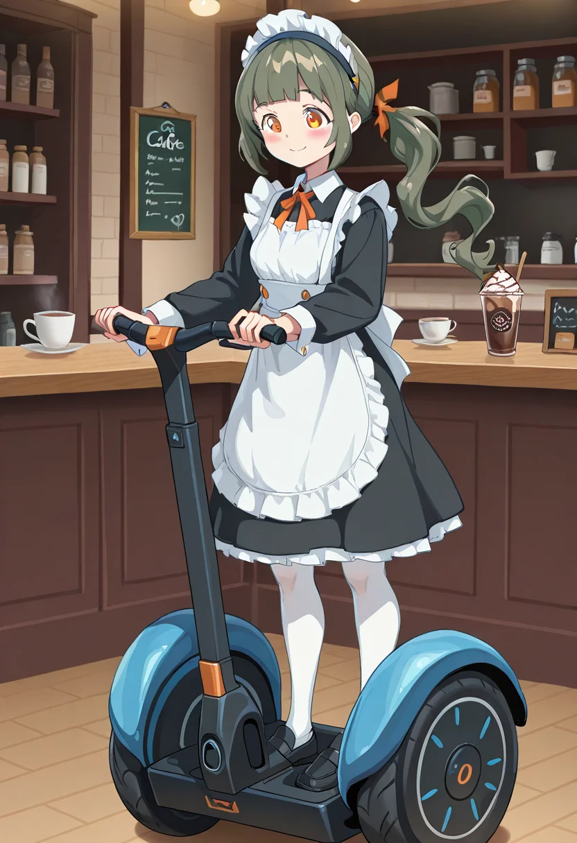 segw4y, riding segway, on segway, 1girl, solo, lrheroine, green hair, side ponytail, long hair, blunt bangs, hair ribbon, orange eyes, maid outfit, white pantyhose, black loafers, indoors, cafe, blush, smile,