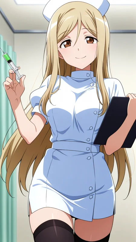 solo, smile,, masterpiece, best quality, amazing quality, very aesthetic, absurdres, newest, anime screencap, <lora:takanoILM:1>, takano miyo, long hair, very long hair, blonde hair, parted bangs, brown eyes, hair between eyes, nurse, hat, white hat, nurse cap, puffy short sleeves, short sleeves, short dress, thigh gap, thighhighs, black thighhighs, zettai ryouiki, holding clipboard, holding, holding syringe,