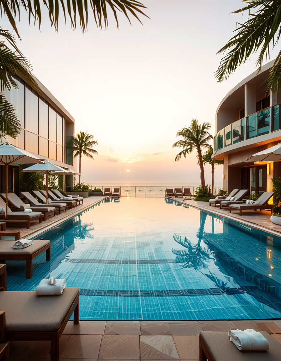 A luxurious hotel swimming pool at sunset, surrounded by elegant lounge chairs and palm trees. The crystal-clear water reflects the warm hues of the sky, creating a serene and inviting atmosphere. The pool has an infinity edge overlooking a breathtaking ocean view, with soft ambient lighting enhancing the tranquil mood. The surrounding area is immaculately maintained, with neatly arranged sunbeds, stylish umbrellas, and a sleek modern poolside bar in the background. The scene is captured in ultra-high resolution, with photorealistic details emphasizing the shimmering water, the textures of the pool tiles, and the gentle movement of palm leaves in the evening breeze.
<lora:SDXLFaeTastic2400:0.4> <lora:extremely_detailed:0.4> extremely detailed, <lora:hotel_sw1mm1ng_p00l:1>,hotel sw1mm1ng p00l, Masterpiece,best quality,hi res,8k,hi res,8k,award winning,(sharp focus, intricate, highly detailed),
