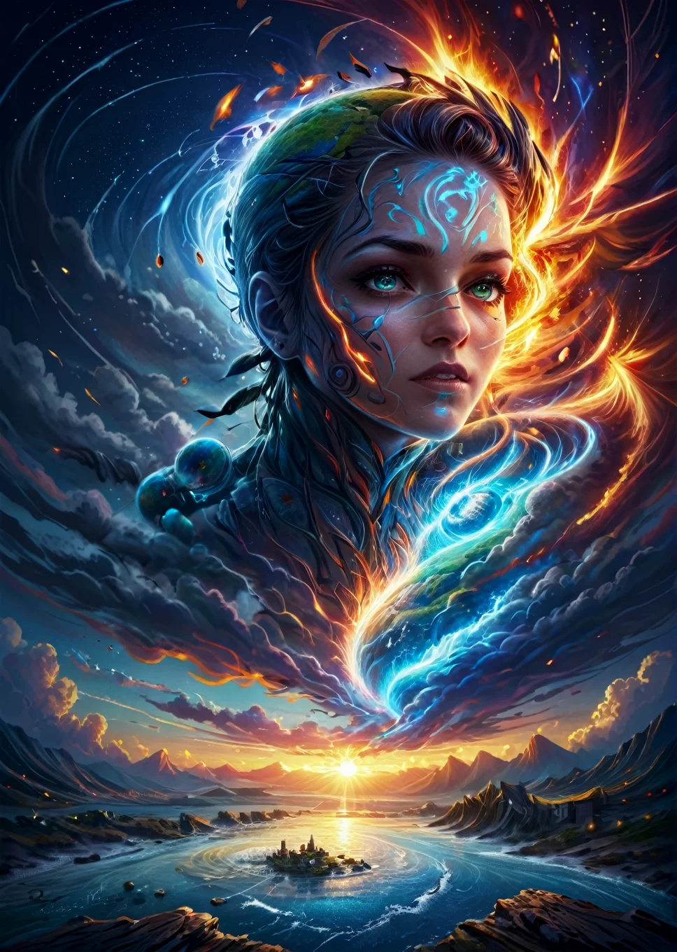 masterpiece, high quality, best quality, highres, unreal, dreaming, cyberpunk,Air Elemental, high fantasy face, tornado, lightning, swirling air, transparent, ethereal, majestic, detailed digital art, expressive eyes,cloudy sky background, magical elements,
(Air, Water, Fire, Earth, Planet earth in the middle:2)
<lora:add-detail-xl:1>
<lora:Galaxy:0.3>, hundreds of galaxies, dark background, Galaxy,
<lora:earth_xl:1> earthmode