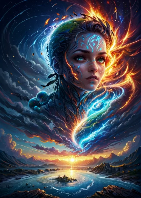 masterpiece, high quality, best quality, highres, unreal, dreaming, cyberpunk,Air Elemental, high fantasy face, tornado, lightning, swirling air, transparent, ethereal, majestic, detailed digital art, expressive eyes,cloudy sky background, magical elements,
(Air, Water, Fire, Earth, Planet earth in the middle:2)
<lora:add-detail-xl:1>
<lora:Galaxy:0.3>, hundreds of galaxies, dark background, Galaxy,
<lora:earth_xl:1> earthmode