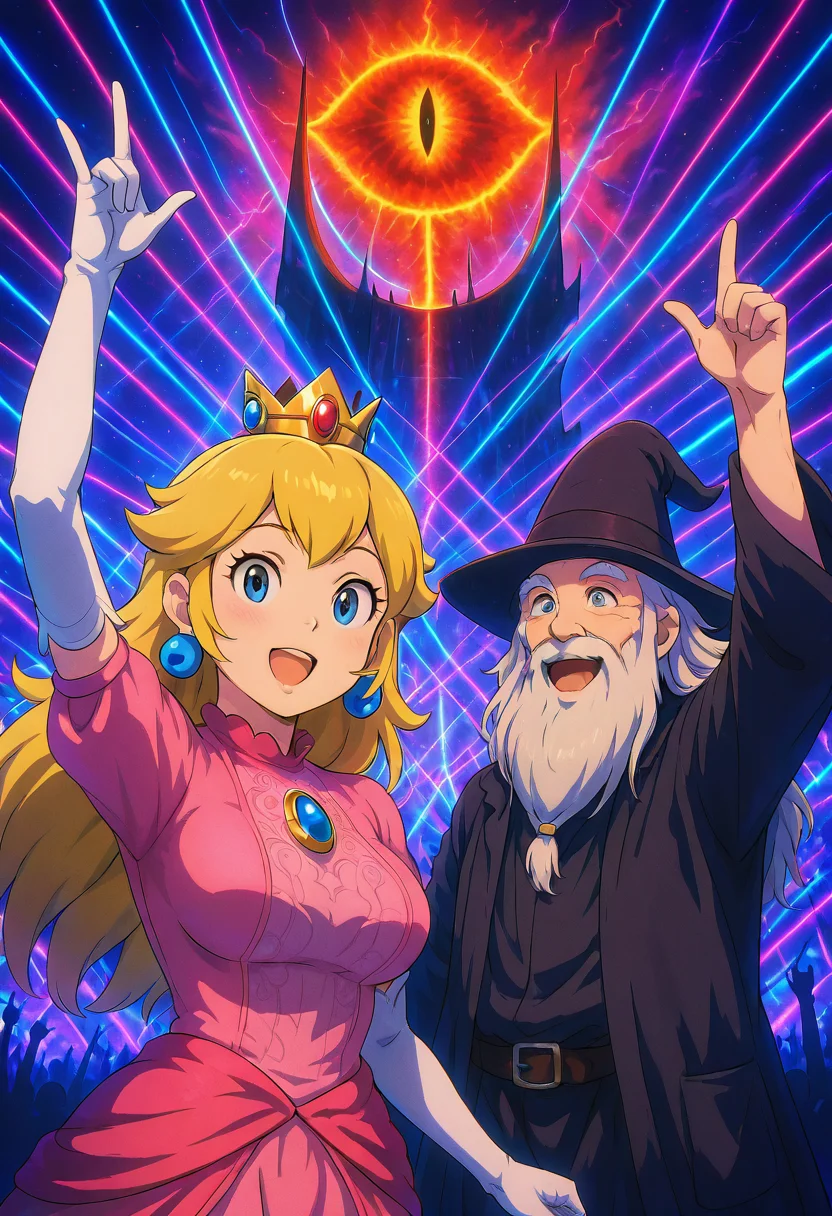masterpiece, best quality,  L0rd0fTh3R4v3s, g4nd4lf, looking at viewer, smile, open mouth, 1boy, hat, :d, arm up, facial hair, beard, old, old man,    princess peach, mario (series), 1girl, blue eyes, blonde hair, long hair, large breasts, earrings, sphere earrings, crown, pink dress,    (upper body),   ,<lora:SauronsRaveTower_IXL_v1:1.0>,