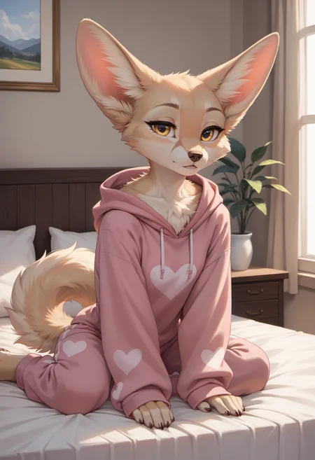 score_9, score_8_up, score_7_up, source_furry, high quality, perfection, detailed, aesthetic, well-lighted,
1girl, solo,
indoors, bedroom,
furry female, anthro, furred body, fluffy fur, beautiful girl, cute girl, adult, youthful, beautiful face, detailed face, perfect eyes, detailed eyes,
fennec, small breasts, yellow eyes, (no hair, hairless, bald), petite girl, shortstack, fluffy tail,
clothed, oversized clothes, pink hoodie, oversized hoodie, heart print, (sleeves past fingers:1.6), very long sleeves, pink sweatpants, baggy sweatpants, oversized sweatpants,
sitting, on bed, leaning forward, looking to side, sleepy, half-closed eyes, uneven eyes,
<lora:princess_xl_v2:0.6>, <lora:p_ami_v10_adafactor:0.4>, <lora:incase-ilff-v3-4:0.5>, <lora:CleanDetailed_Eyes:0.25>, âââ,âââ