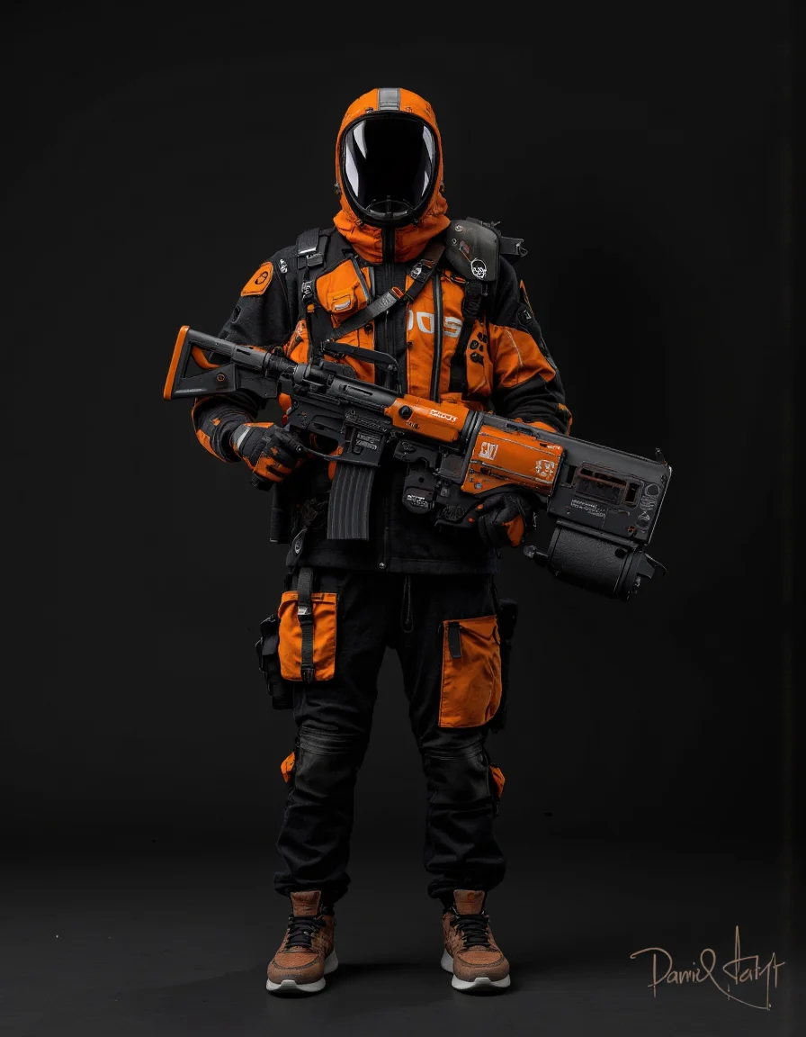 Daniel Hahn art. A photo-realistic shoot from a front camera angle about a humanoid figure wearing a futuristic orange and black outfit with a transparent face shield and holding a large, orange-handled weapon. the figure is positioned in the middle of the image, facing away from the viewer, with its full body visible. the character is wearing a black and orange outfit, consisting of a hooded jacket, pants, and shoes, with black gloves on their hands. the background is a solid black color, providing a stark contrast to the futuristic design of the outfit. the image also shows a signature in the bottom right corner, adding a touch of authenticity to the overall aesthetic.
