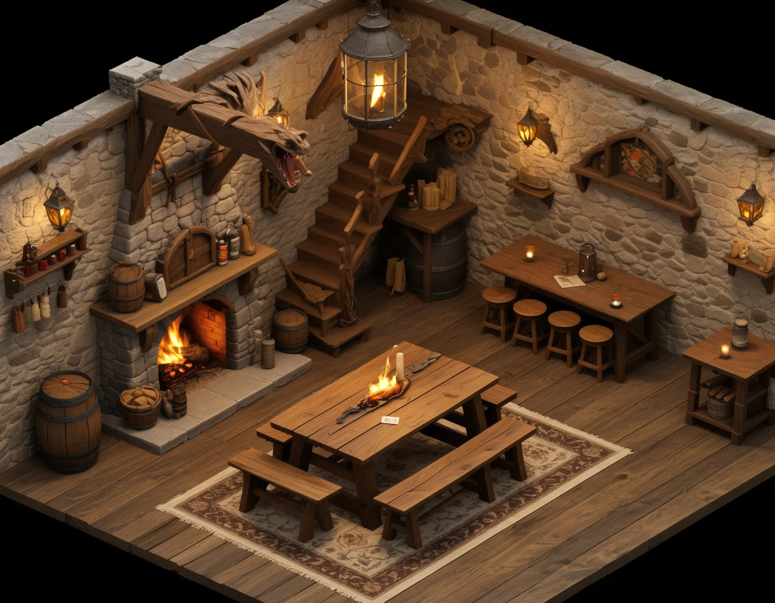 A highly detailed isometric map of a medieval fantasy tavern called 'The Dragon's Tavern', featuring a large wooden main hall with sturdy oak tables and benches, a stone fireplace with a roaring fire on one side, and a wooden bar counter with barrels and bottles. Include dragon-themed decorations like a carved dragon statue above the fireplace, dragon motifs on the walls, and a hanging dragon-shaped chandelier. Add a few scattered adventurer belongings: backpacks, swords leaning on chairs, and a map unrolled on one table. There should be a small stage for bards in one corner with a lute resting on it. In the background, add a kitchen area partially visible with pots hanging from racks and steam rising. To the side, place a staircase leading upstairs to private rooms. Include wooden beams and lanterns for a warm, cozy glow. All elements should be highly detailed and visible. The background should be transparent with clear, crisp edges for easy integration. No modern elements, strictly medieval fantasy aesthetic.