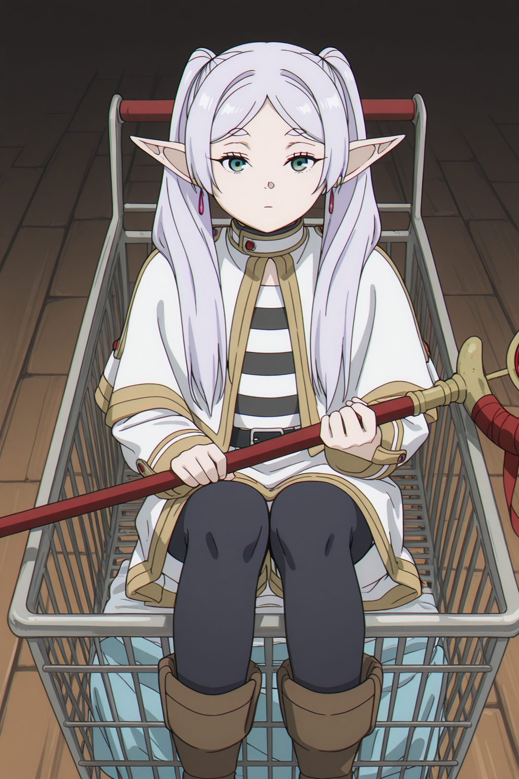 1girl,looking at viewer,facing viewer,in shopping cart <lora:LoRAInShoppingCartNoobAIXLvPred:1>,  <lora:Frieren_Frieren_Beyond_Journeys_End_-_Illustrious_V2:0.9> Frieren ,elf,pointy ears,gray hair,long hair,parted bangs,twintails,green eyes, earrings,flat chest,standard robe outfit,striped shirt, white capelet, robe, long sleeves, white dress, belt, black pantyhose, boots, brown footwear, holding staff, breasts,digital illustration,1girl, masterpiece, best quality,highres,