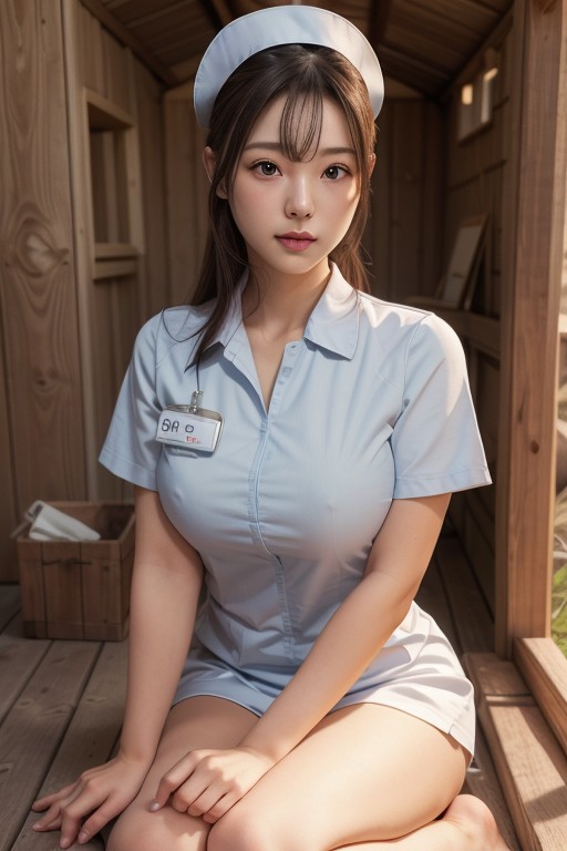 Ultra-realistic 16k,Top Quality, cinematic lighting, perfect hands, perfect anatomy), (masterpiece, best quality:1.4), ultra highres, ultra detailed, (realistic, photorealistic), raw photo, lifelike,
break,
after sun set,
Inside the wooden hut,
1girl, sitting, (lotus position), nurse_uniform,
she has perfect beautiful face,
she has perfect female body style, 
(parted lips:0.8),