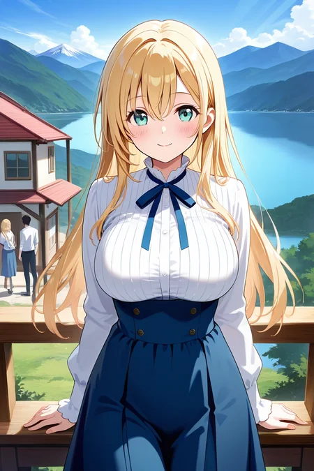 1girl, long hair, large breasts, looking at viewer, blush, smile, bangs, skirt, blonde hair, shirt, long sleeves, ribbon, hair between eyes, green eyes, white shirt, pinstripe shirt, solo focus, aqua eyes, (blue skirt), blue ribbon, (long skirt), house, outdoor, mountain, lake, standing, cowboy shot, high-waist skirt, <lora:Primula_Mallow_AOITS_ill:1>