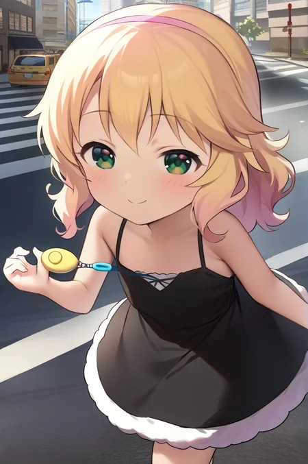 1girl,Sakurai_Momoka,1girl,solo,green eyes, blonde hair, shorthair, wavy hair, sidelocks,flat chest,(petite),chibi,fluffy dress,ribbon,(crime prevention buzzer),outdoor,downtown,street,smile, <lora:XDetail_light:1.3>   <lora:crimepreventionbuzzer_XL_v1:0.8> <lora:Sakurai_Momoka_XL:0.8>,masterpiece,best quality <lora:better skin typeB-v1:0.7>