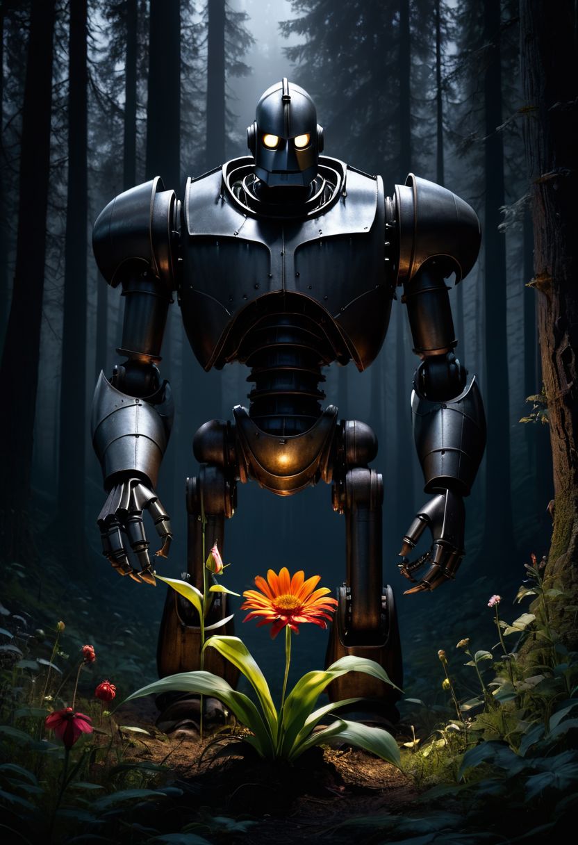 The Iron-Giant. Metallic, reflective, ominous. holding. Flower. BREAK in pitch-black forest.1flower glowing, Very Dark, vibrant, photo realism, Masterpiece, (8k), (32k), UHD, highest-quality, intricate details, highly detailed, best artist, immaculate micro-details, sharp edges, detailed textures, full body shot, full body cinematic, atmospheric lighting, visually stunning, perfect composition, trending on artstation
