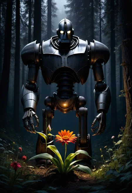 The Iron-Giant. Metallic, reflective, ominous. holding. Flower. BREAK in pitch-black forest.1flower glowing, Very Dark, vibrant, photo realism, Masterpiece, (8k), (32k), UHD, highest-quality, intricate details, highly detailed, best artist, immaculate micro-details, sharp edges, detailed textures, full body shot, full body cinematic, atmospheric lighting, visually stunning, perfect composition, trending on artstation