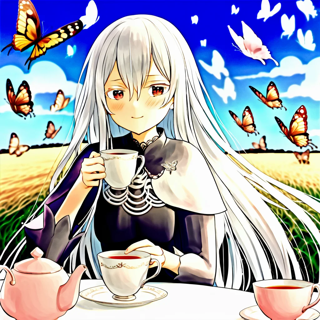 echidna, 1girl, sitting, drinking tea, looking at camera, long white hair, sky in background, blushing, surrounded by butterflies <lora:echidna:1>
