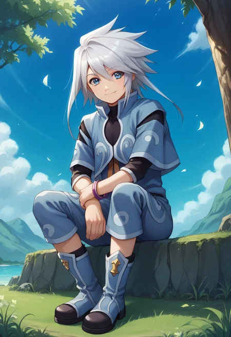 score_9, score_8_up, score_7_up, source_anime, highly detailed,
genis, solo, male focus, 1boy, boots, long hair, smile, shirt, shorts, jacket, black shirt, blue jacket, blue shorts, standing, looking at viewer, bracelet, blue footwear, jewelry, silver hair, blue eyes, slender, skinny
outdoor, sky, tree, sit,