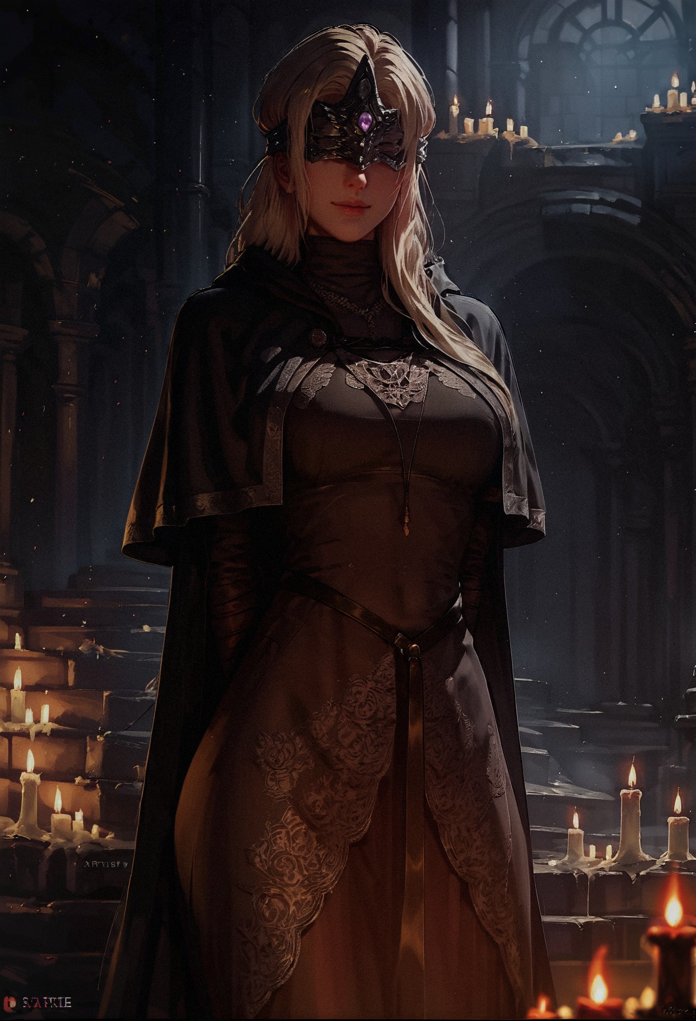 score_9, score_8_up, score_7_up,  1girl, solo, firekeeper, mask, blonde hair, black dress, capelet, hands behind back, looking at viewer, smiling, kind smile, candle, castel, night, curvy, tear-drop breast, perfect body, long dress,    <lora:sinfully_stylish_SDXL> <lora:Expressive_H-000001:0.6> Expressiveh <lora:Firekeeper_Dark_souls_3:0.7> <lora:Concept Art Twilight Style SDXL_LoRA_Pony Diffusion V6 XL:0.6>