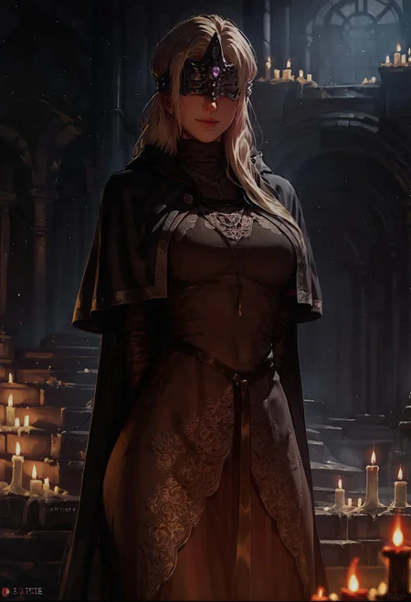score_9, score_8_up, score_7_up, 1girl, solo, firekeeper, mask, blonde hair, black dress, capelet, hands behind back, looking at viewer, smiling, kind smile, candle, castel, night, curvy, tear-drop breast, perfect body, long dress, <lora:sinfully_stylish_SDXL> <lora:Expressive_H-000001:0.6> Expressiveh <lora:Firekeeper_Dark_souls_3:0.7> <lora:Concept Art Twilight Style SDXL_LoRA_Pony Diffusion V6 XL:0.6>