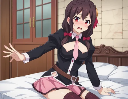 score_9, score_8_up, score_7_up, source_anime,
yunyun, <lora:konosuba-yunyun-s1s2-ponyxl-lora-nochekaiser:1>
yunyun, black hair, hair ornament, red eyes, bow, braid, crown braid,
skirt, thighhighs, long sleeves, necktie, belt, clothing cutout, cleavage cutout, pink skirt, pink necktie,
indoors, bed, bed room, on side, blush, drunk,
looking at viewer, dutch angle, cowboy shot,