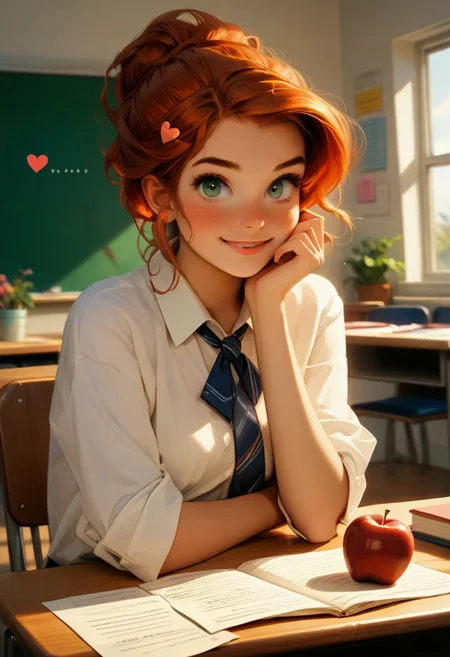 score_9,score_8_up, score_8, perfect cute face, perfect eyes, perfect hands, perfect feet, 1girl, sexy 24yo redhead, freckles, updo bun, sexy pose, teasing, school uniform, medium perfectly round breasts, looking directly at viewer, hourglass body, highest quality-style, sitting on a teachers desk, crossed legs, cute, hearts, bright colors, holding an apple, super cute, adorable