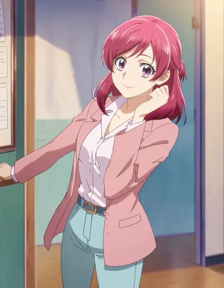 score_9, score_8_up, score_7_up, anime screencap, solo,1girl,yumeharanozomi, smile, jacket, pink jacket, shirt, looking at viewer, open jacket, white shirt, open clothes,pants, long sleeves,formal, cowboy shot, medium breasts<lora:yumeharanozomi:0.8>,