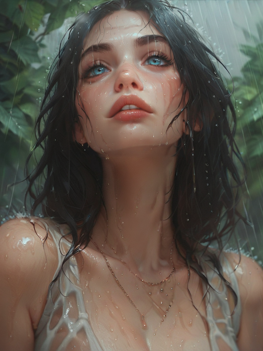 score_9, score_8_up, score_7_up, score_6_up, score_5_up, score_4_up, cute, sexy,1girl, portrait, <lora:1dkXLP:0.8> 1dk, close-up, black hair, rain, wet skin, cleavage,