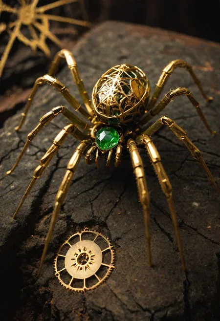 Vintage gold and green mechanical spider, cinematic photography, golden cobweb, web, dark chalk mine, dof, hyperrealism, majestic, awesome, inspiring, closeup, smooth, closeup, rust, rustic, sepia, atmospheric haze, cinamatic composition, soft shadows, national geographic style, green glow, chiaroscuro