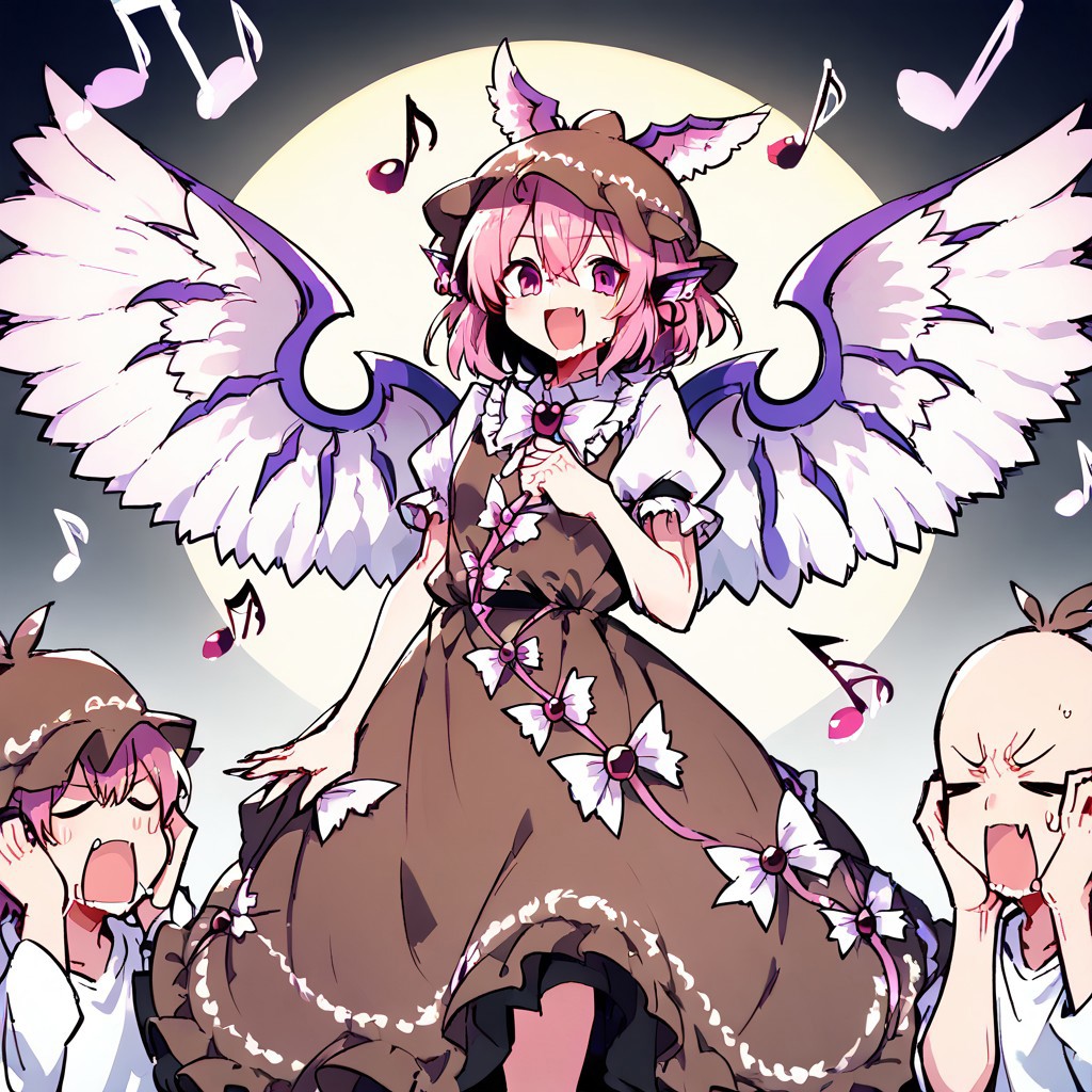 score_9, score_8_up, score_7_up, masterpiece, best quality, detailed, perfect, perfection, vibrant, gorgeous, 
BREAK
mystia, wings, brown headwear, short hair, hat, animal ears, puffy sleeves, dress, pink hair, brown dress, cowboy shot, frills, pink eyes, juliet sleeves, jewelry, shirt, winged hat, bangs, hair between eyes, white wings, white shirt, bird wings, feathered wings, earring, frolled dress, frilled sleeves, 
BREAK
bad singing,crowd,happy,grimace,(hands on own ears:1.2),music,noisy musical note, multiple boys,screaming,closed eyes,blank eyes,holding microphone,
