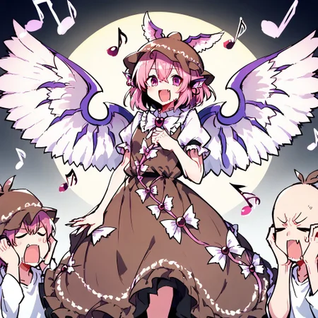 score_9, score_8_up, score_7_up, masterpiece, best quality, detailed, perfect, perfection, vibrant, gorgeous,
BREAK
mystia, wings, brown headwear, short hair, hat, animal ears, puffy sleeves, dress, pink hair, brown dress, cowboy shot, frills, pink eyes, juliet sleeves, jewelry, shirt, winged hat, bangs, hair between eyes, white wings, white shirt, bird wings, feathered wings, earring, frolled dress, frilled sleeves,
BREAK
bad singing,crowd,happy,grimace,(hands on own ears:1.2),music,noisy musical note, multiple boys,screaming,closed eyes,blank eyes,holding microphone,