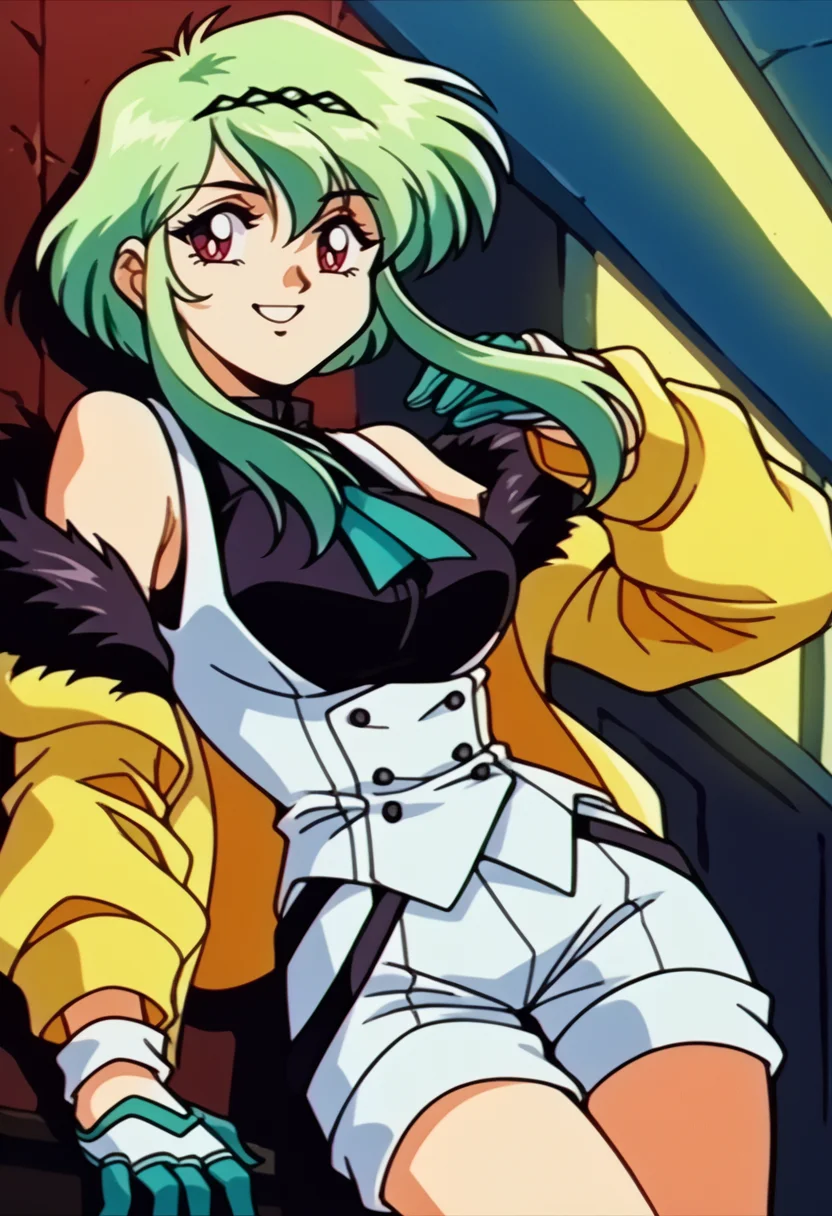 score_9, score_8_up, score_7_up, source_anime BREAK solo, 1girl, <lora:FeOva-pdxl_Fp:1>, 1990s \(style\), retro artstyle, <lora:Ringo-pdxl_Fp:1>, ringosh2, short hair with long locks, green hair, multicolored hair, red eyes, hairband, white vest, white shorts, gloves, necktie, smile, shirt, body markings, sleeveless, collared shirt, jacket, cropped jacket, fur trim, off shoulder, smile