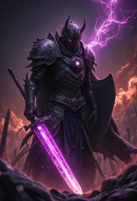 Upper body shot of a dark, menacing mechanical knight engaged in a bosstyle boss battle, captured with the cinenematic style of a 4k movie still. The knight’s battle-worn, intricately designed helmet emits a dull glow from it's eyes and reflects the eerie glow of his weapon—a massive broad sword. The blade crackles with dark energy, gathering ominously at its tip where a glowing orb of dark purple and violet light pulses with immense, destructive power. The energy radiates along the blade, casting a sinister glow that illuminates the knight’s helmet and armor, creating stark contrasts between light and deep shadows.
In his other hand, the knight wields a formidable shield, adorned with reinforced ridges and an arcane sigil. The shield exudes a sense of dread, as if imbued with powerful magic, amplifying the terror of his presence. The sword’s glow casts intricate shadows across the shield, highlighting its menacing details. The chaotic battlefield around them is set amidst a background of fiery tornadoes intensifying the dramatic clash between the knight and his adversaries.
