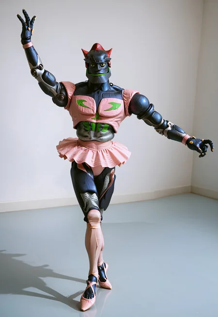 embedding:urn:air:sd1:embedding:civitai:222256@250708, m3g4byt3, humanoid robot, 1boy, solo, full body, ballerina stance, pink ballerina tights, ballerina pose, dance hall, sexy pose